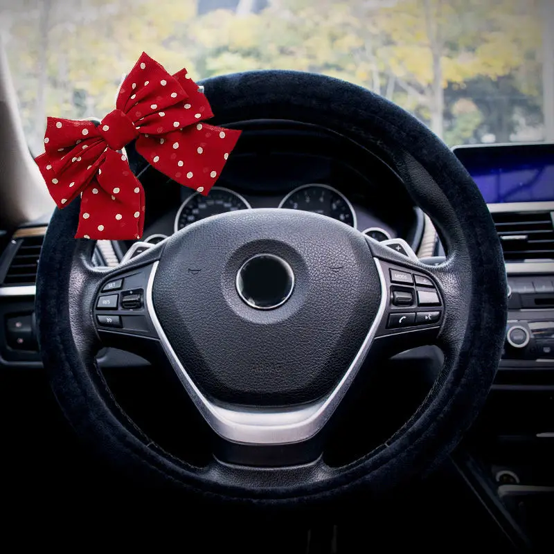 

Cute Dot Bowknot Car Interior Mirror Cover Cartoon Plush Auto Rearview Mirror Case Decoration Accessories For Women and Girls