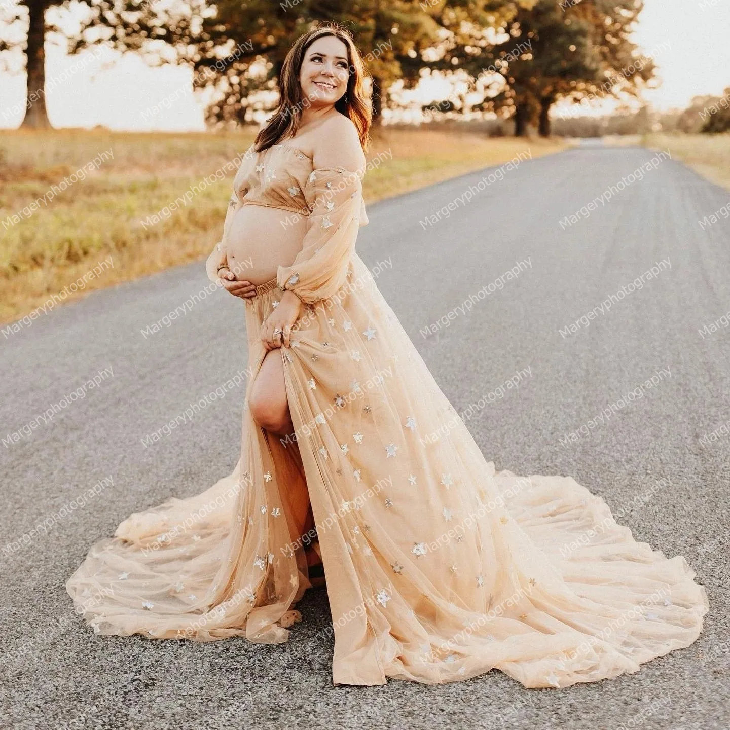 Unique Star Tulle Maternity Dress for Photography Two Pieces Side Split  Pregnancy Photoshoot Dresses Custom Made Long Bridal Gow