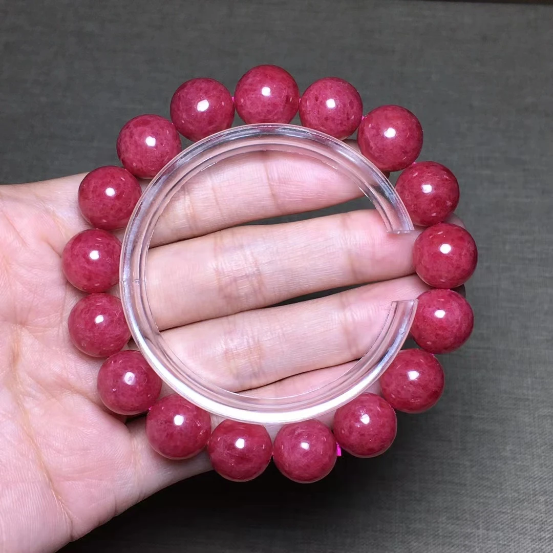 Braccialetto Rosa Rodonite Rosso Naturale Genuino Perline Rotonde Trasparenti 12.5Mm Certificato Moda Donna Uomo Aaaaa