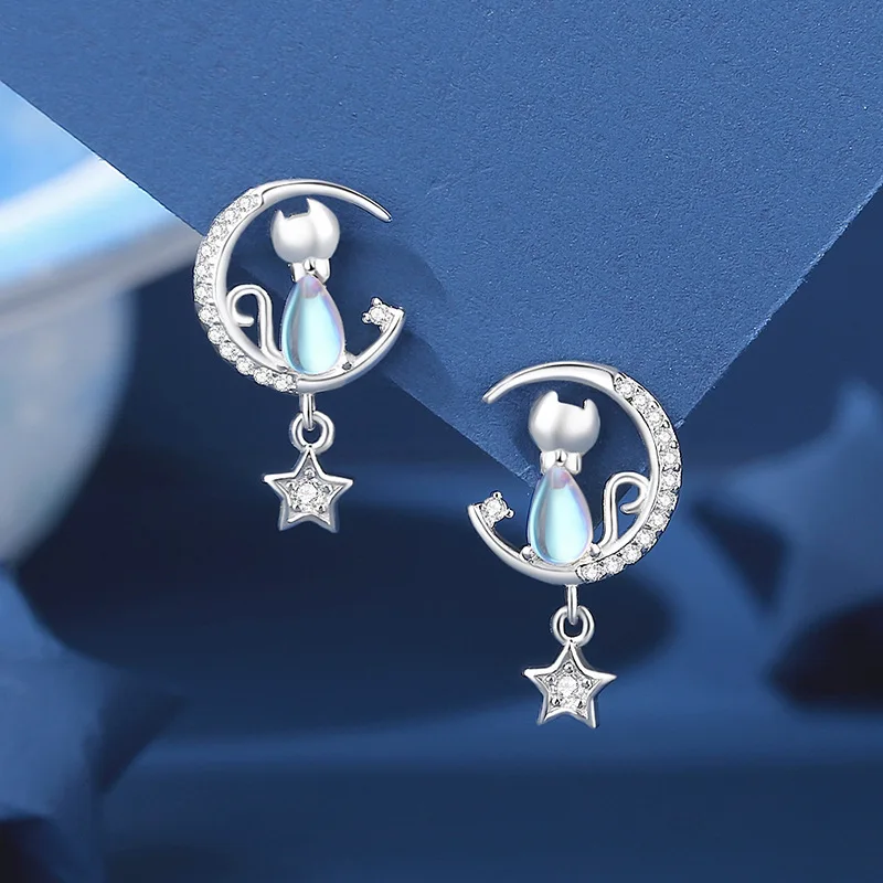 European Sparkling S925 Sterling silver Pave Cat Moon Pendant Necklace Earrings Bracelet For Women - PeticaDeals