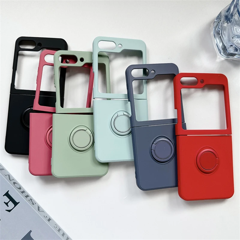 Soft Liquid Silicone Folding Phone Case with Square Frame and Magnetic Ring Holder