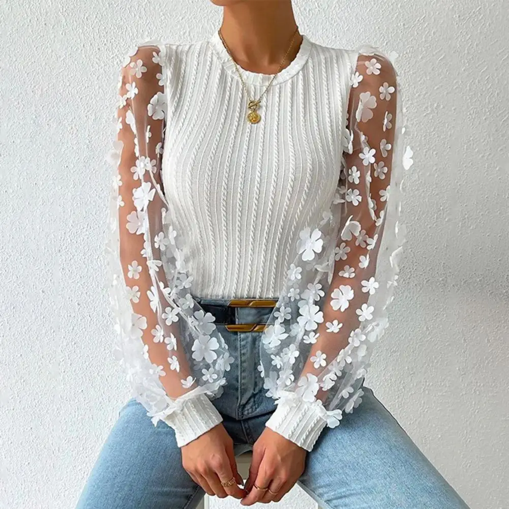 

Crew Neck Top Elegant Mesh Flower Long Sleeve Shirt for Women Round Neck Solid Color Pullover with Soft Patchwork Twist Texture