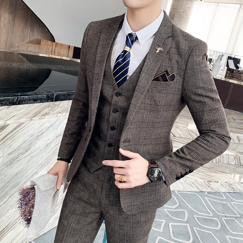 Mens Suit British Korean Modified Plaid Three-piece Suit