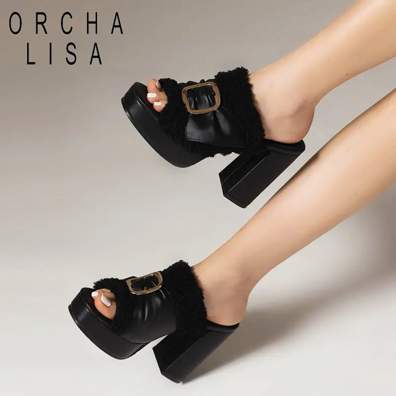 

ORCHA LISA Female Sandals Peep Toe High Block Heel 11.5cm Platform 3cm Mules Slip On Lamb Belt Buckle Sexy Party Big Size 42