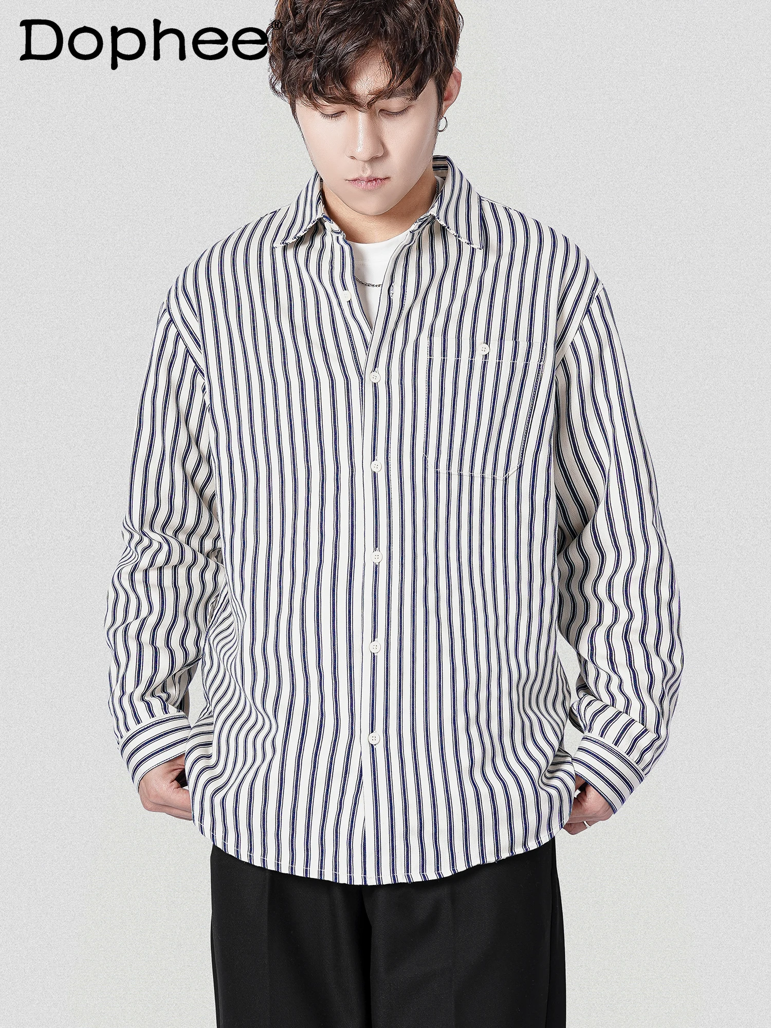 Fashionable 2023 Striped Long-Sleeve Shirt Men's Autumn Winter Shirt Handsome Jacket Gentleman Men's Single-Breasted Shirt