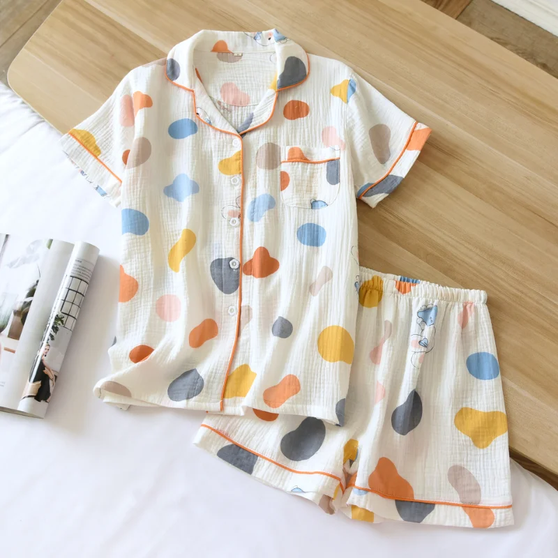 2023 Summer New Women's Home Furnishing Short Sleeve Shorts Two Piece Set 100% Cotton Crepe Ladies Cardigan Polo Nightwear Cover