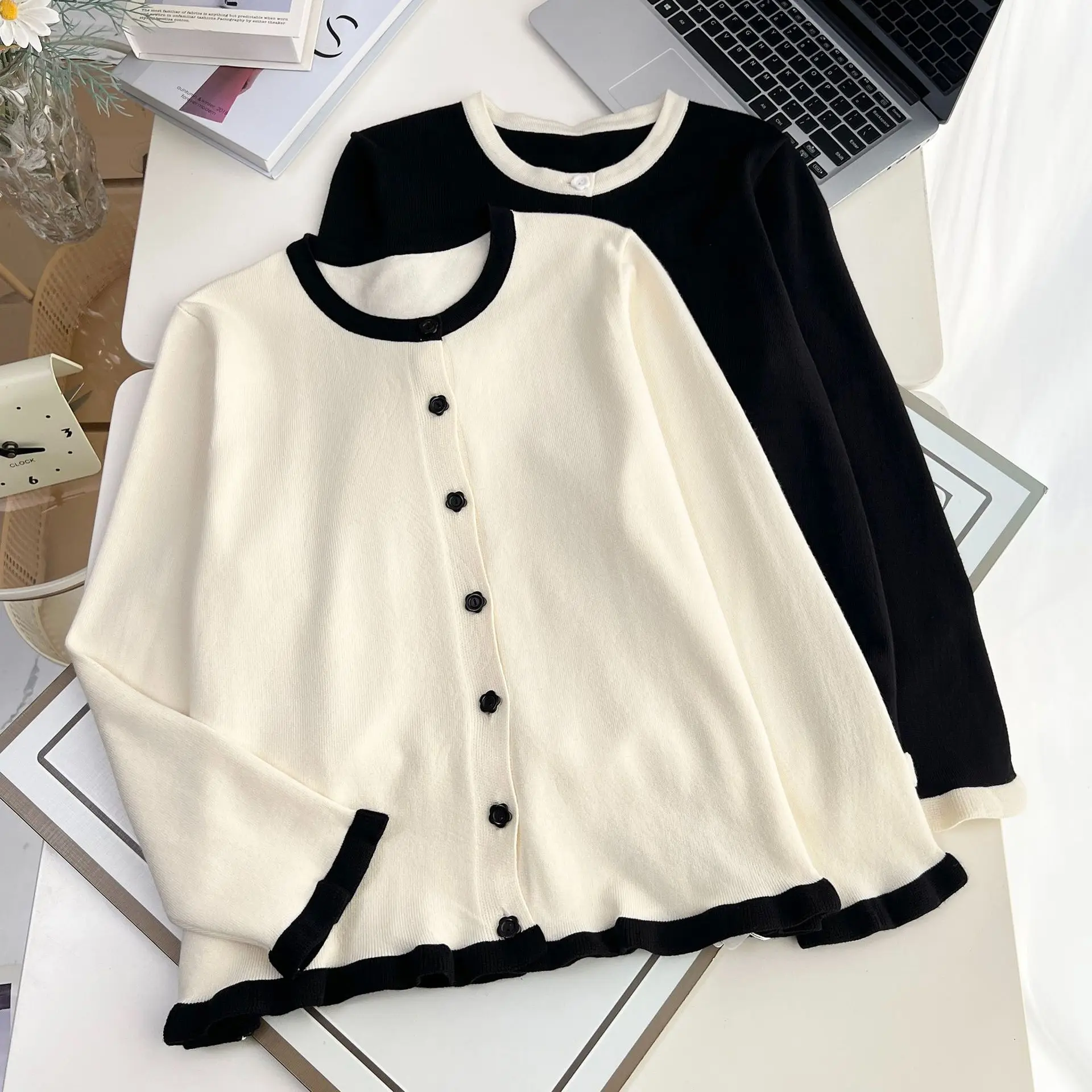 Fashion Plus Size Women's Sweater Autumn Block Color Cardigan Long Sleeved O-Neck Jumpers 3408