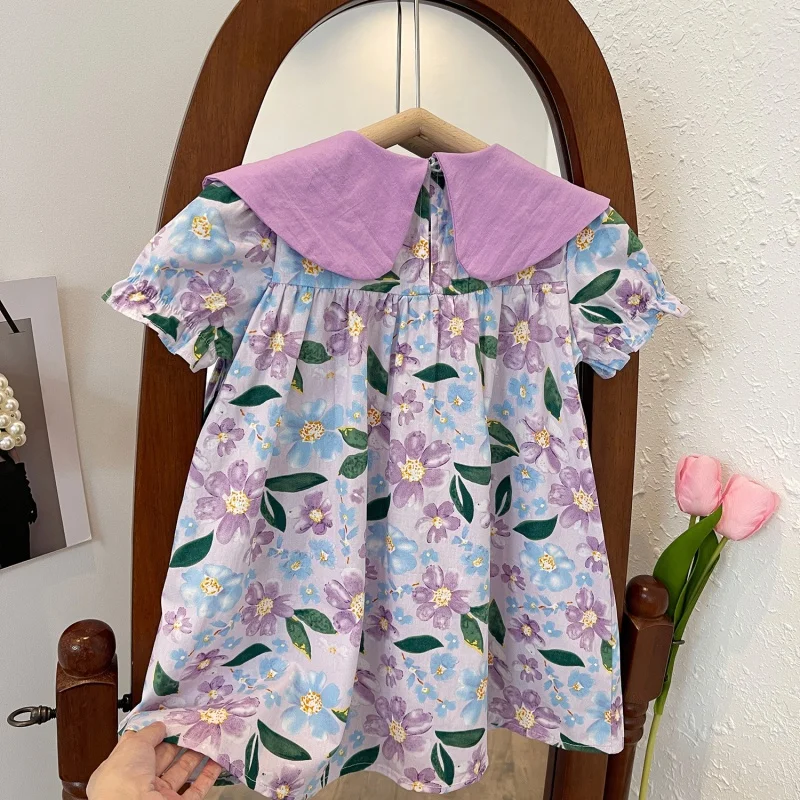 Summer New Large Lapel Girl Floral Short Sleeve Dress23223