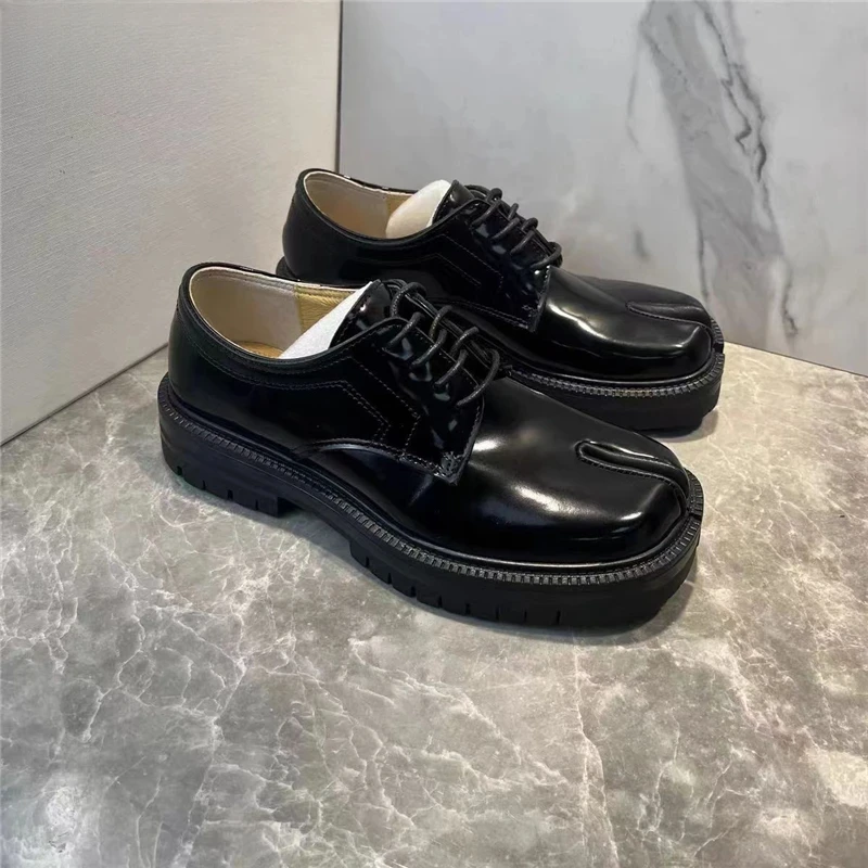 Autumn Thick Soled Split Toe Shoes Unisex Square Toe Lace Up Derby Shoes Male and Female Business Leather mens leather dress shoes