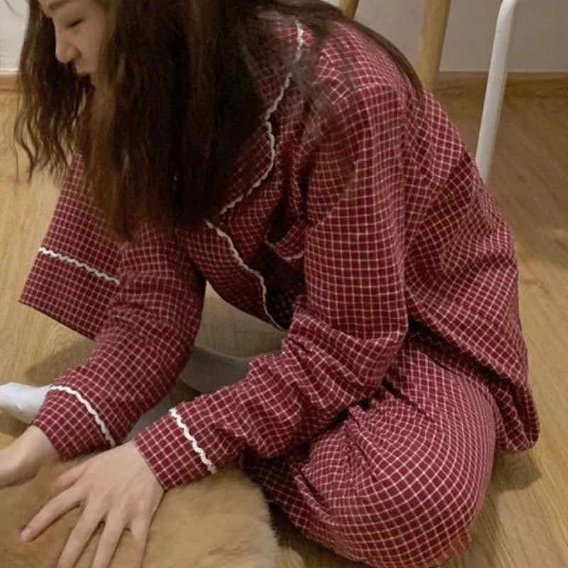 Pajama Sets Women Home Autumn Plaid Vintage Sleepwear Girls Cozy Lounge Classic Tender Korean Style Soft Comfort Chic Dormitory