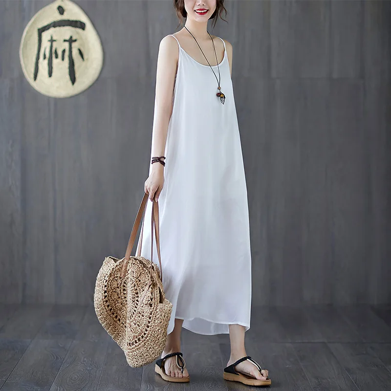 여성용 코튼 리넨 슬링 드레스, 레트로 스타일, 화이트 루즈 민소매, 서스펜더 롱 베이스 스커트, 아우터 웨어, 2023 여름 신상 아티스트