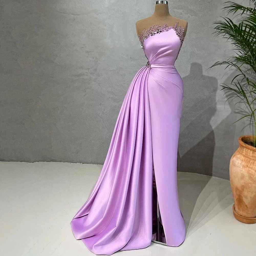 2023 Purple Elegant Lilac Satin Mermaid Prom Dresses With Tarin Side Split Crystal Beads For Women Gowns Formal Evening Gowns