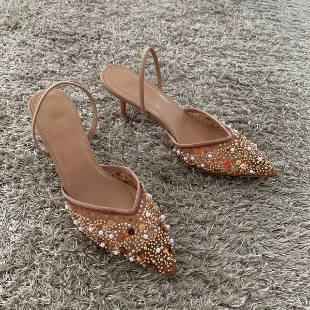 Luxury Fashion Bling String Bead Mesh High Heels Women Sexy Pointed Toe Breathable Heeled Sandals Elegant Slingbacks Women Pumps