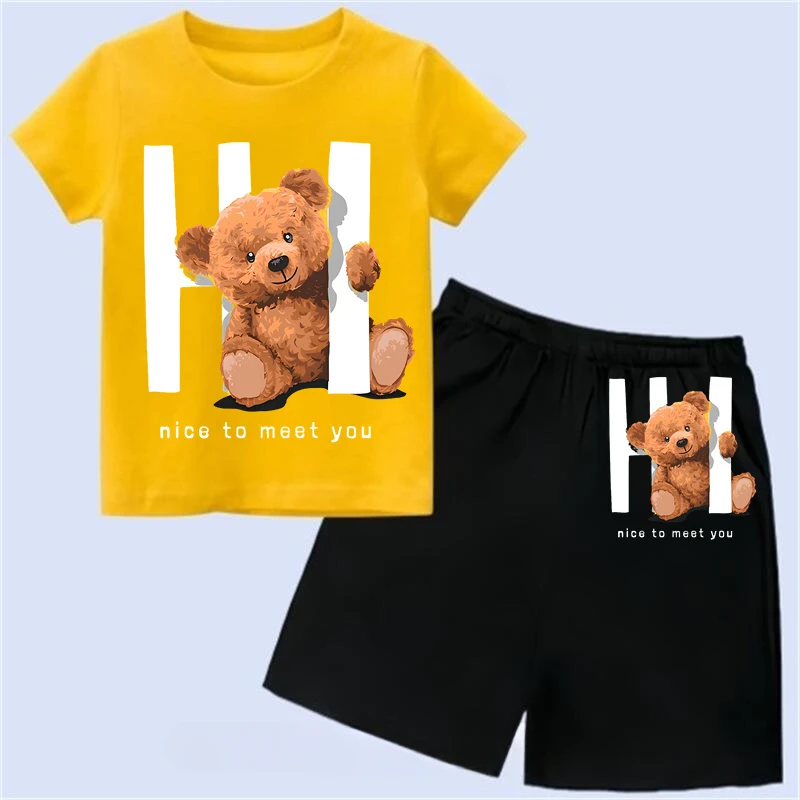 thumbnail image 1 of Conjunto de algodón con estampado de marca para niños, camiseta de dibujos animados, pantalones cortos, conjunto de verano para bebés, conjunto de manga corta para niños y niñas, 1 of 5