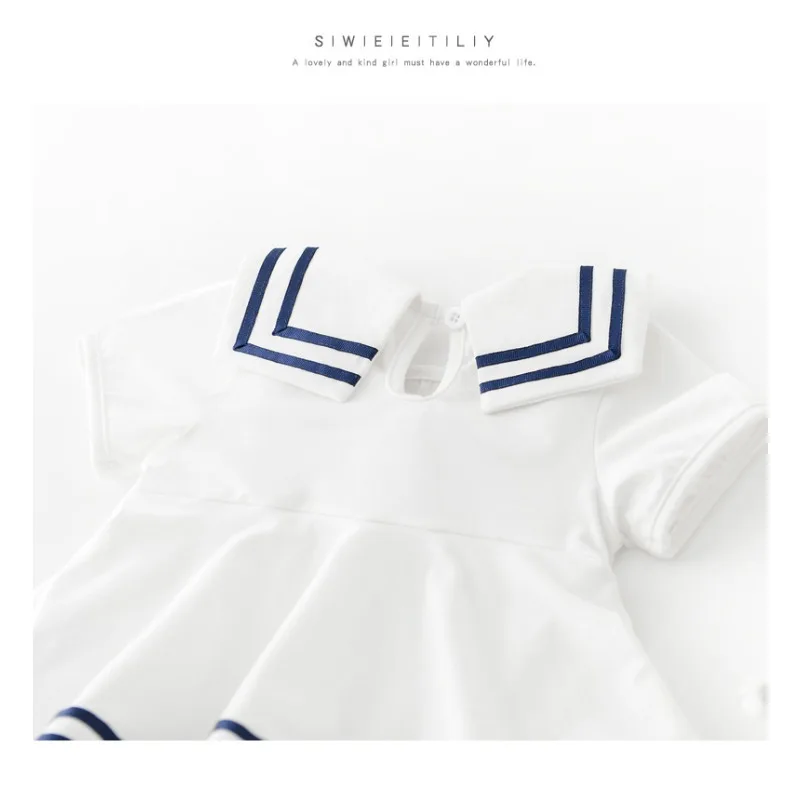 Nuova estate neonata body colletto blu scuro fiocco tinta unita maniche corte collo marinaio tuta infantile abbigliamento neonato H02101 - immagine 4