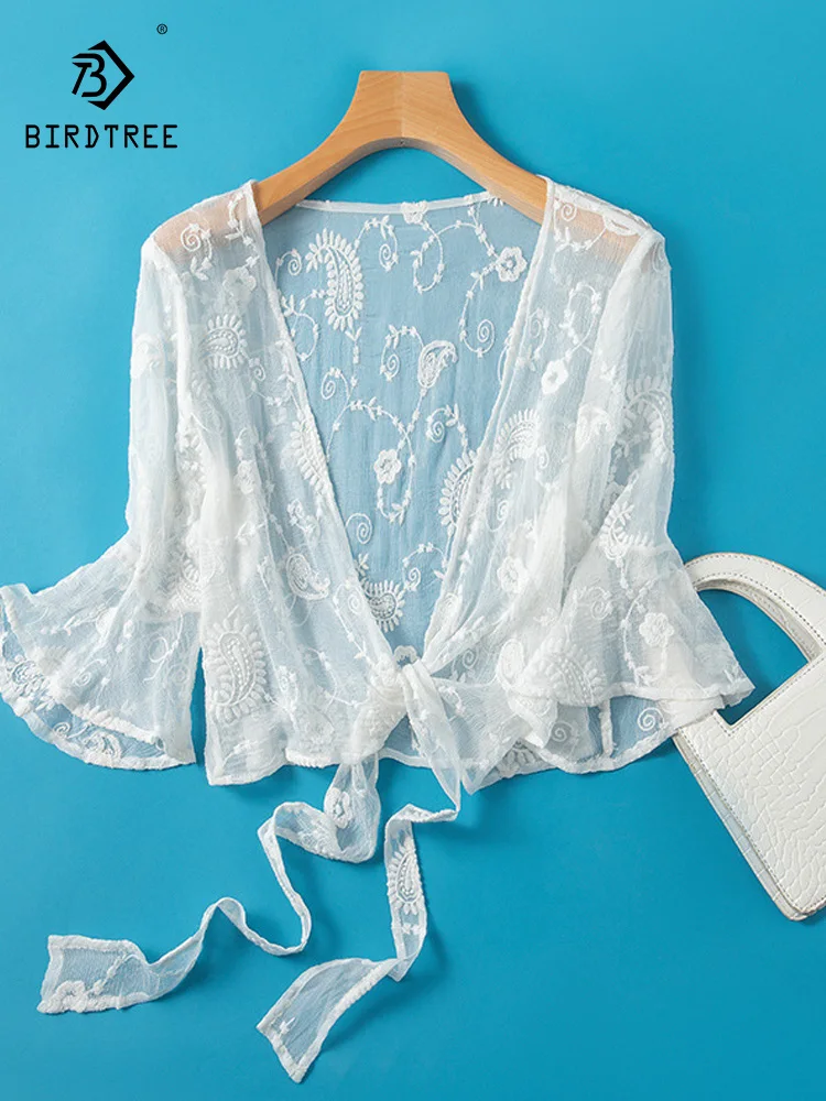 

Birdtree 100%Mulberry Silk Embroidery Sunscreen Clothing Women's Summer Top Short Cardigan Jacket Shawl Beach Cover-ups T37604QC