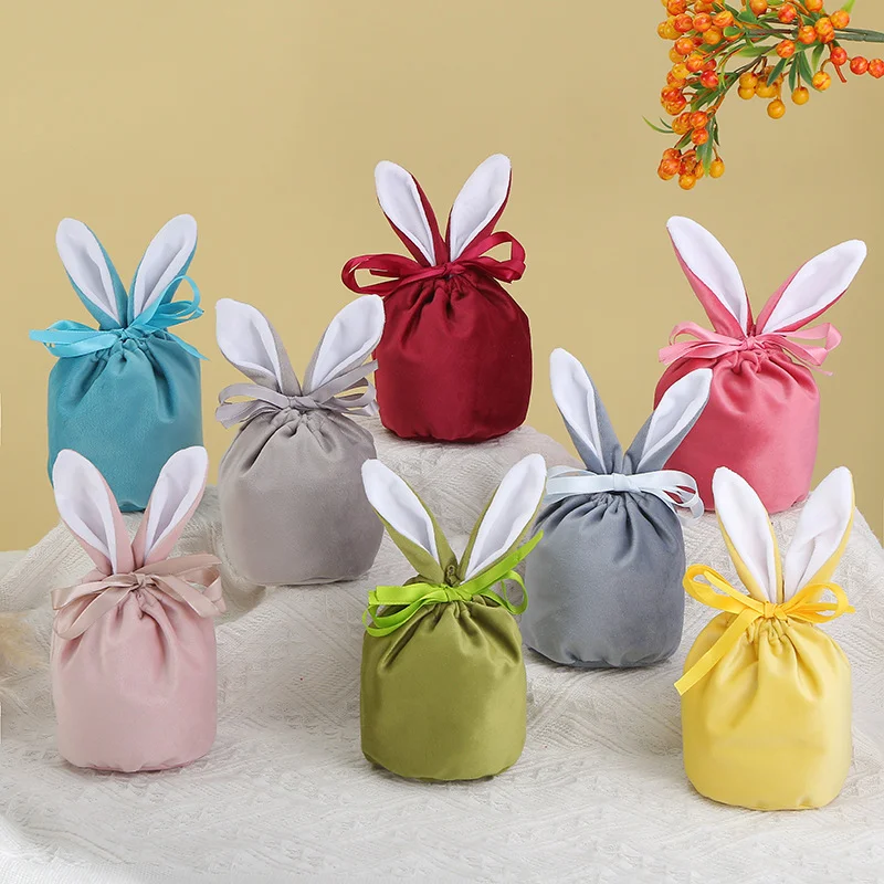 

20Pcs/lot Easter Bunny Rabbit Bags Ears Velvet Bag Gift Box Sugar Box Wedding Candy Box Creative Cute Easter Decor Mixed Colour