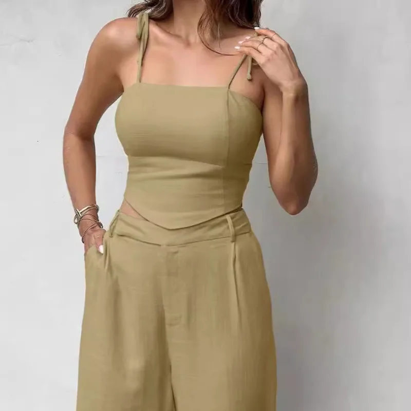 Fashion New Halter Top Bra Halter Short Jacket High Waist Wide Legs Long Pants Two-piece Summer Autumn 2024 Commuter Ladies Suit
