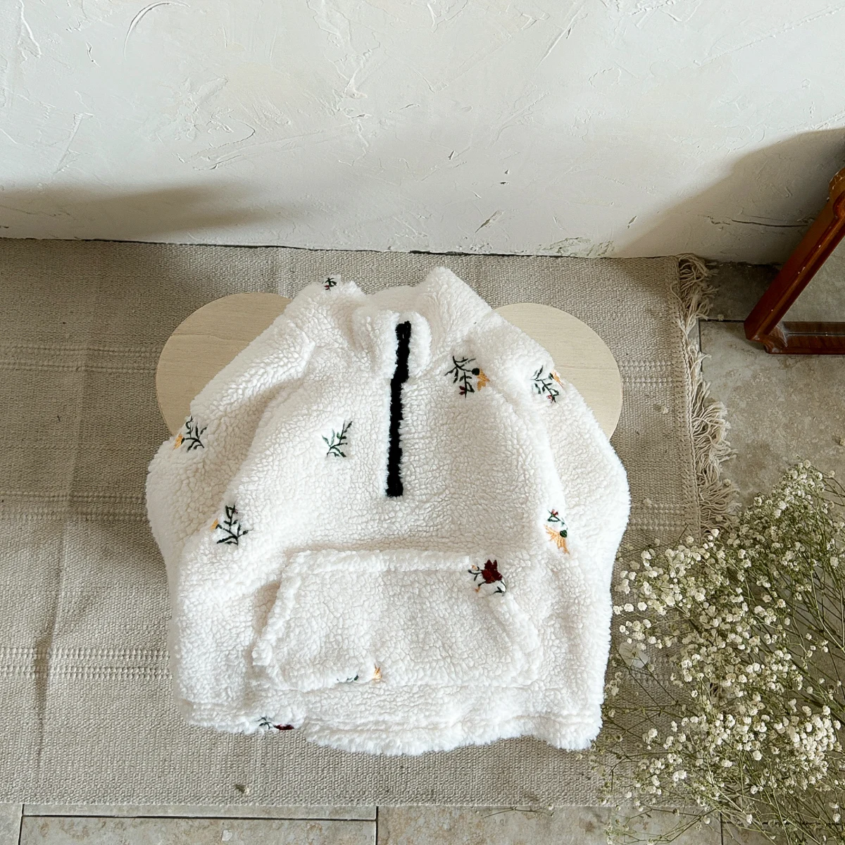 New Baby Winter Girl Clothes Warm Wool Jacket Flower Embroidery Baby Coats Half Zip Thick Top Style 1-3Y Infant Toddler Outfit