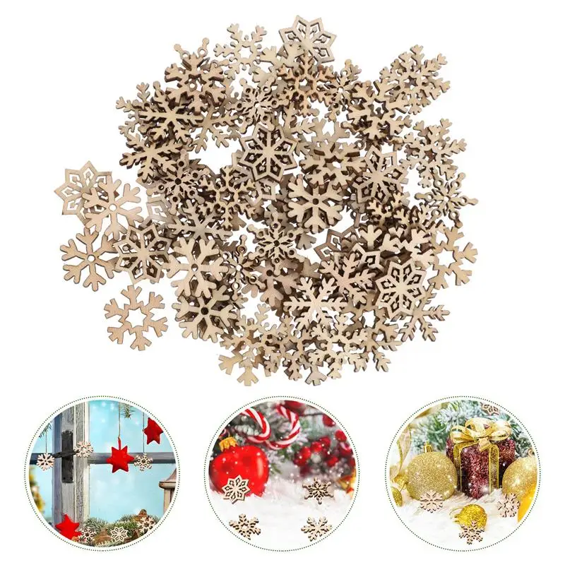 Christmas Ornaments Winter Snow Decoration 50pcs/100pcs Christmas Snowflake Wooden Pieces Wooden Cutouts Craft Christmas Snowflake Ornament Decoration For DIY