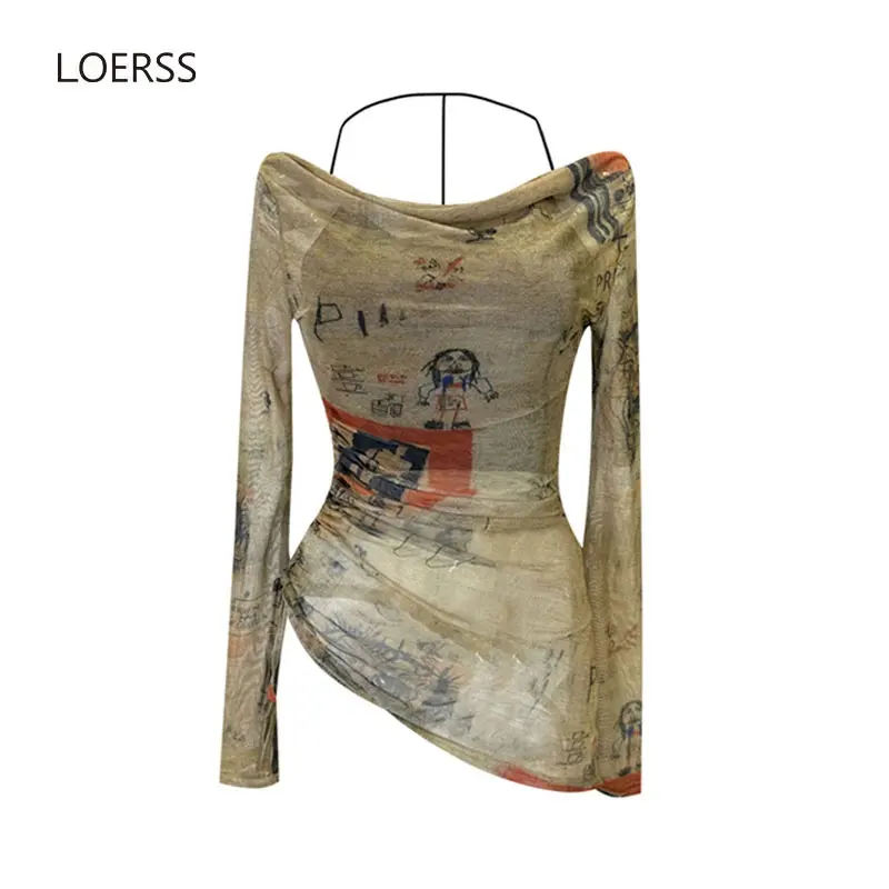 LORESS Graphic Print T-Shirt Girl Harajuku Long Sleeve T-Shirt Women Streetwear Vintage 90s Aesthetic Female Y2k Top Tee Clothes gothic aesthetic sexy crop top woman mall goth dark graphic print bodycon long sleeve tshirts y2k tops autumn winter alt clothes