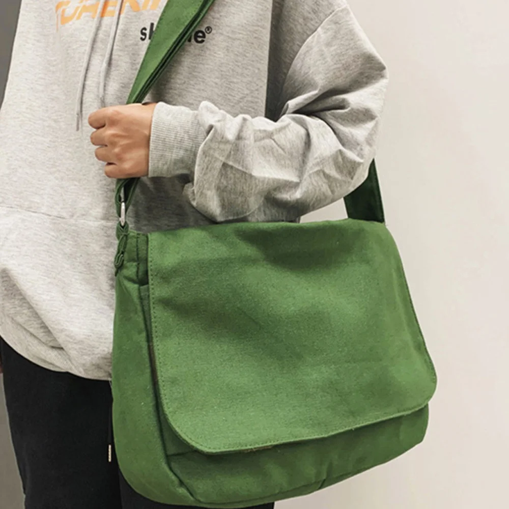 Green Golden Flower Print Cute Bear Canvas Messenger Bag Trend Japanese Literary Shoulder Bag Casual Shopping Tote Girl Handbag
