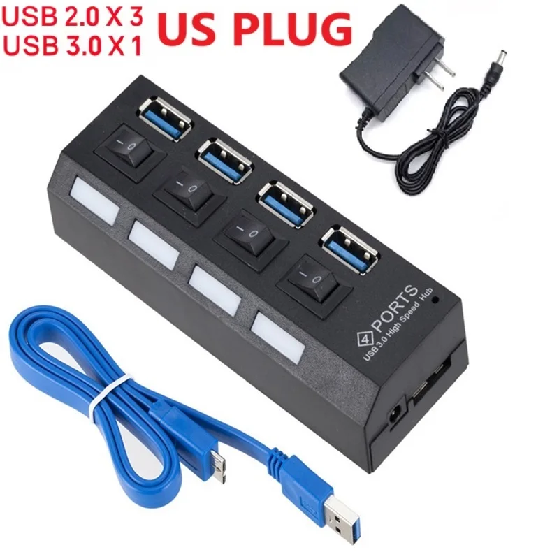High-Speed USB 3.0 Hub with 4 or 7 Ports and External Power Adapter