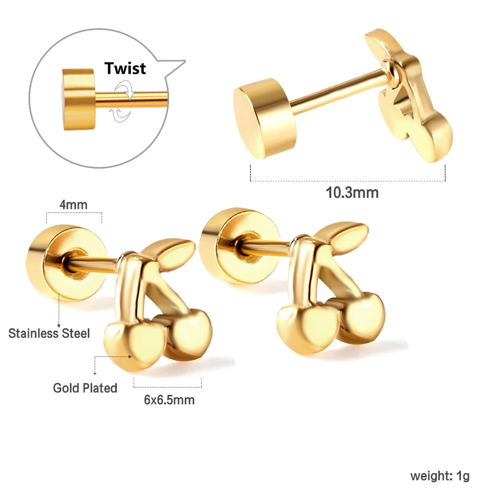 Nette Kirsche Casual Frauen Ohrringe Vergoldet Edelstahl Schraube Zurück Aretes De Mujer Ohr Stud Party Schmuck Geschenke Wasserdicht