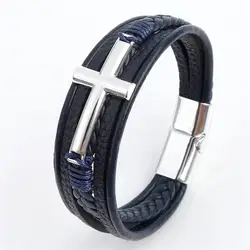 Men's Multicolor Cross Design Leather Bracelet with Classic Metal Clasp - Stylish Gift - 21cm (Blue Silver)