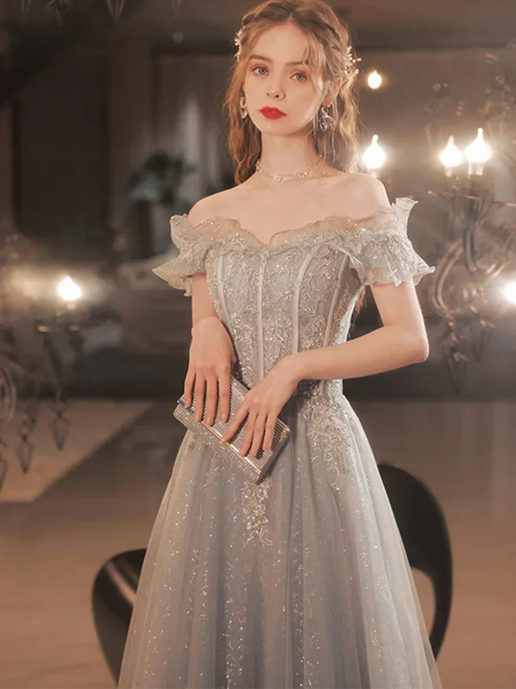 Evening Dresses Wedding Party Gown Exquisite Slim A-Line Sequin Bandage Backless Strapless Off Shoulder Floor-Length
