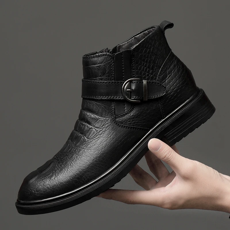 Winter Boots New Luxury Brand Plus Hair Men Boots High Top Crocodile Leather Shoes Men Business Ankle Leather Snow