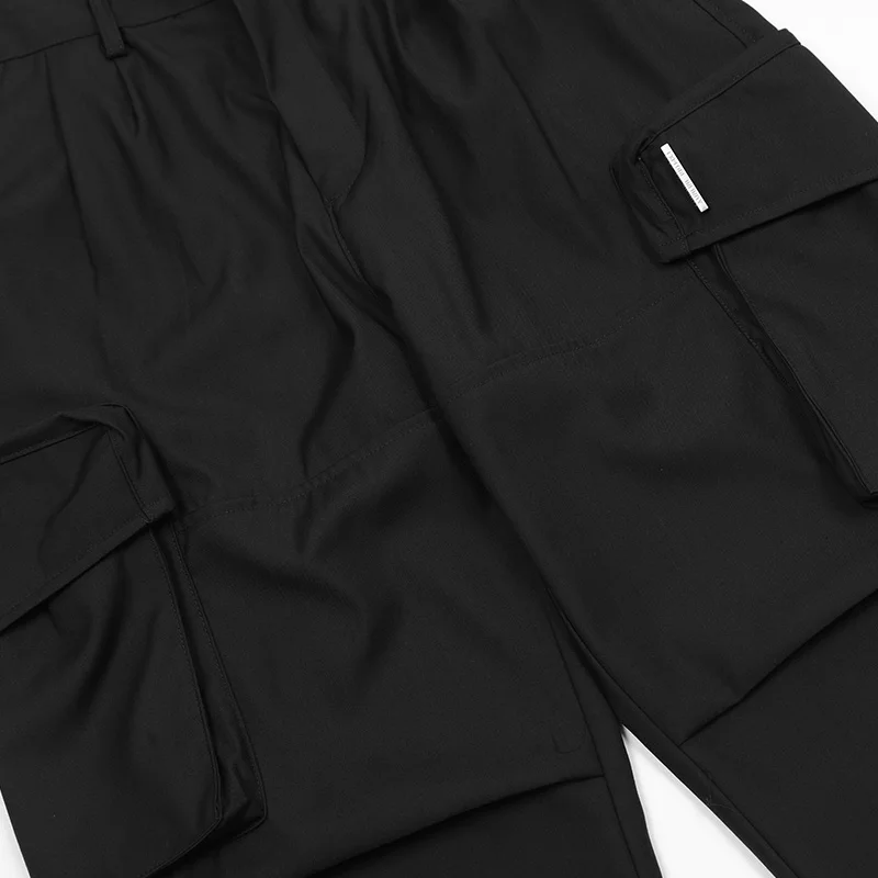 UPRAKF Drawstring Black Trousers Comfort Casual Side Pocket Autumn Pantalones Solid Color Pleated Streetwear