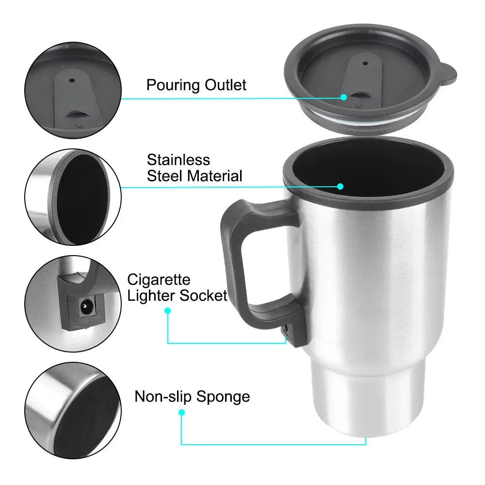 12V 450ml Electric Heating Car Kettle Water Coffee Milk Thermal Mug Camping Travel Kettle Stainless Steel Vehicle Heating Cup electric kettle car heater mug