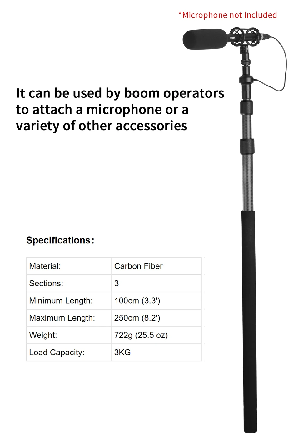BOYA BY-PB25 Universal Carbon Fiber Boompole with Internal XLR Cable (2.5m)