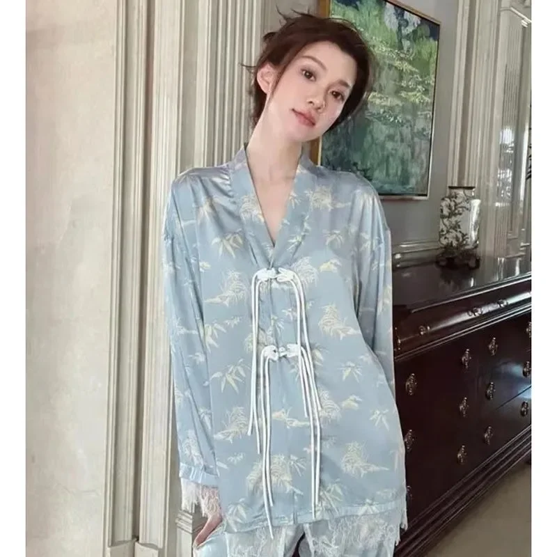 2023 New Pajamas Women's Spring Summer Ice Silk Thin Imitation Silk High-end Loungewear Long Sleeved Homewear Two-piece Set