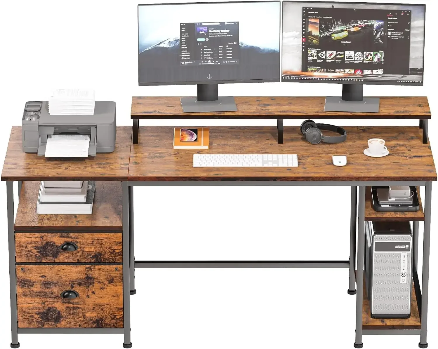 

Furologee Computer Desk with Shelves and Drawer,61" Long Desk with Fabric File Drawer,Industrial Writing Desk with Large Monitor