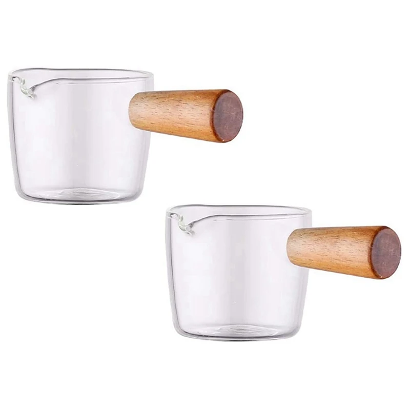 

Hot 4PCS Transparent Glass Creamer With Wooden Handle, Mini Coffee Milk Creamer Pitcher. 100Ml