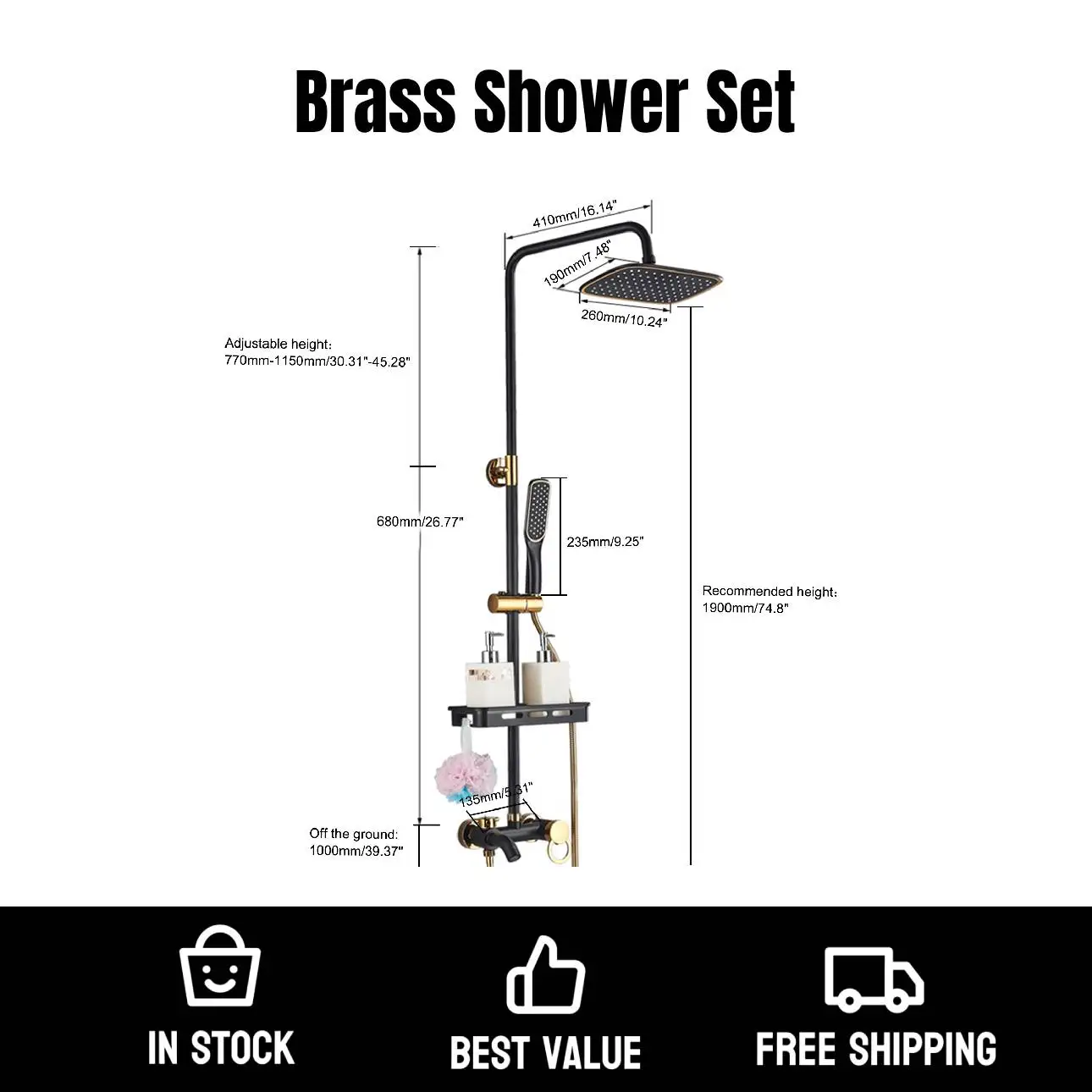 Brass Shower Set Shower Head Adjustable Height Leak-Proof Brass Hot & Cold Water 360° Rotation for Easy Use