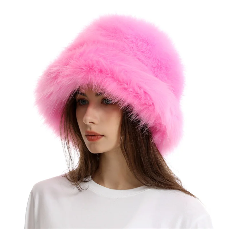 Warm Plush Bucket Hat Women Oversize Earflaps Fluffy Faux Fur Hats