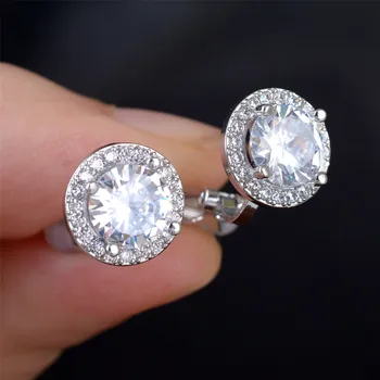 Luxury Female White Zircon Round Clip Earrings For Women Silver Color Bridal Engagement Wedding Ear Clips No Piercing Jewelry CZ