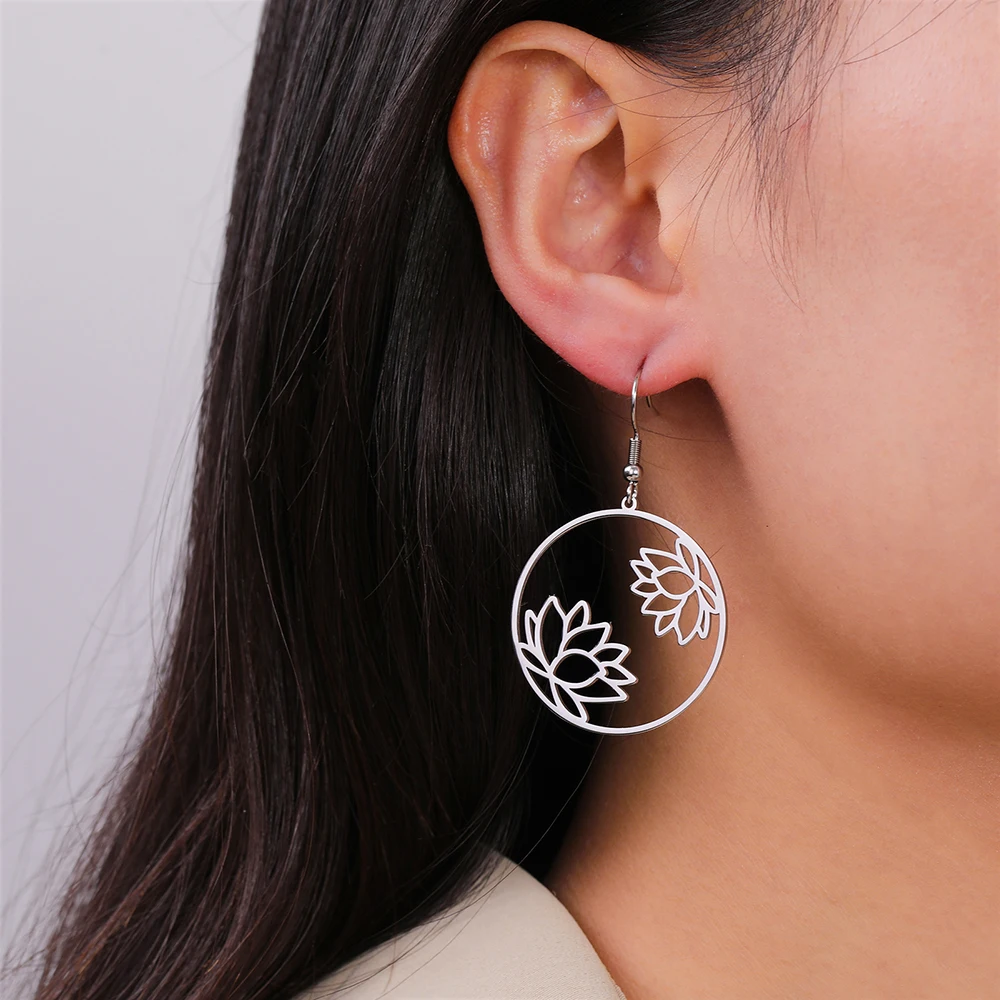 Dawapara Lotusblüten-Ohrringe für Damen, Edelstahl, runder Blumen-Charm, Yoga-Schmuck, buddhistisches spirituelles Amulett – Detail 5