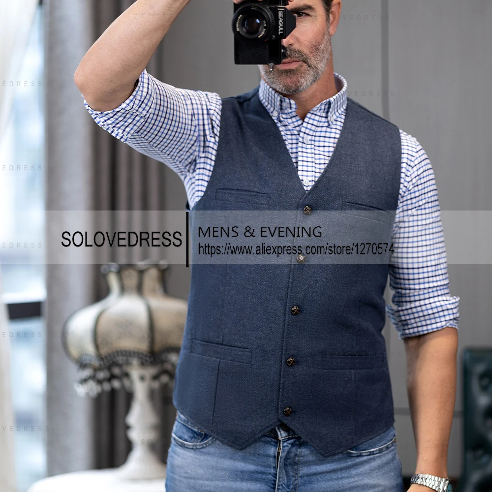 In Stock V Neck  Herringbone Tweed Slim Fit Business Waistcoat Men's Casual Classic Suit Vest  For Wedding 5