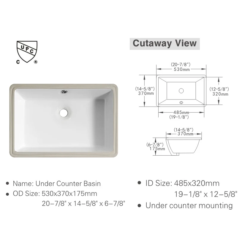 1pc Undermount Sink Bathroom Rectangular - 19"x 13" White Porcelain Ceramic Rectangle Vessel Sink, 20 Inch Under Counter Lavator 6