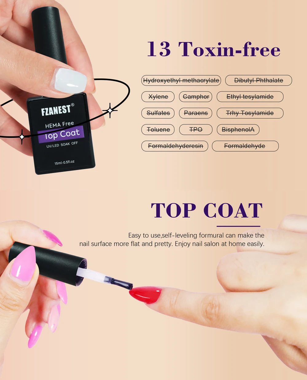 FZANEST HEMA TPO Free High Durability Strong Top and Base Coat Shiny Crystal NO Wipe High Shine Power Chrome Top Gel Finish 6