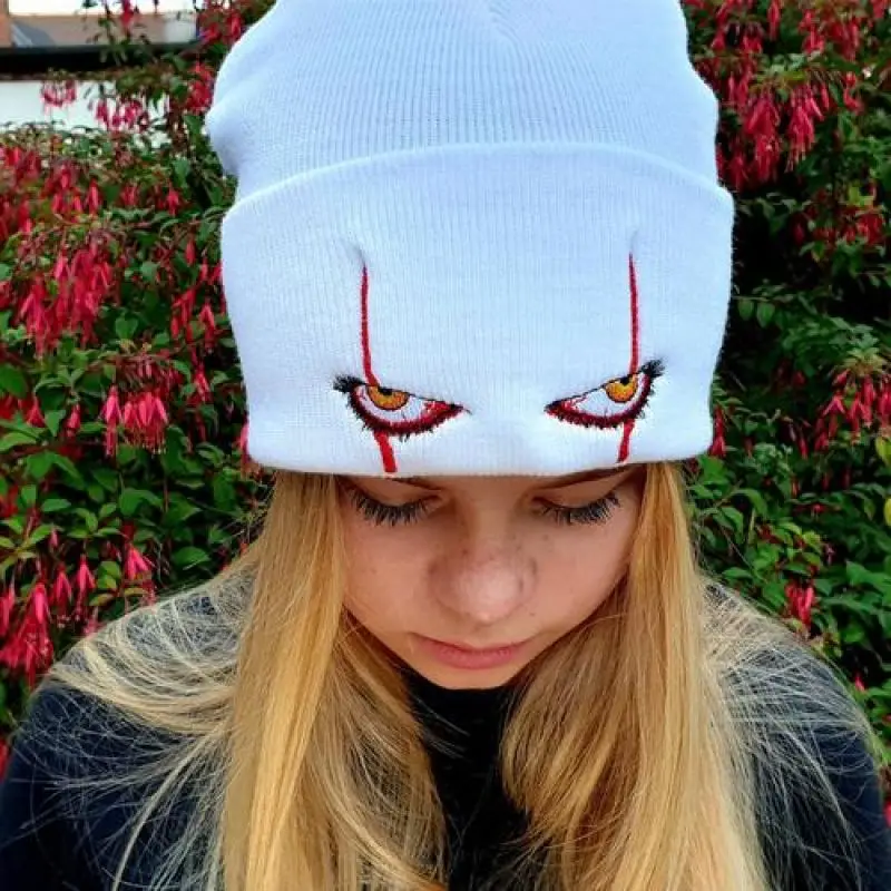 Embroidered Woolen Beanies Hat Scary Clown Eyes Knitted Hat Warm