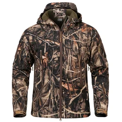 Men's Silent Soft Shell Camouflage Waterproof Tactical Jacket with Warm Fleece Lining - US XXL (Reed Camo)