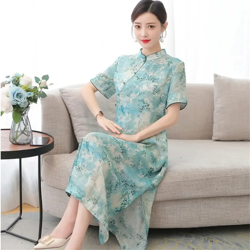 

2022 Summer Dress Chinese Style Improved Cheongsam Literary Retro Large Size Loose Printed Cotton And Linen Dress Qipao H271