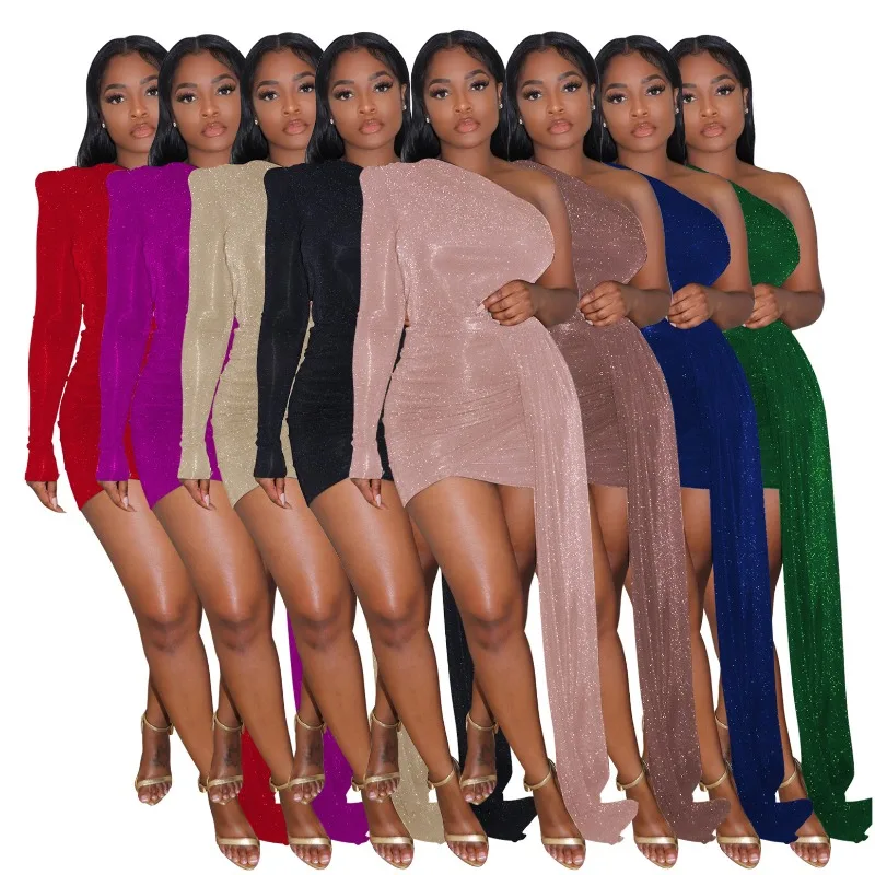 

Sequined Silk One Shoulder Ribbon Bodycon Mini Dress Women Autumn Solid High Waist Hips Wrapped Skinny Evening Dress Partywear