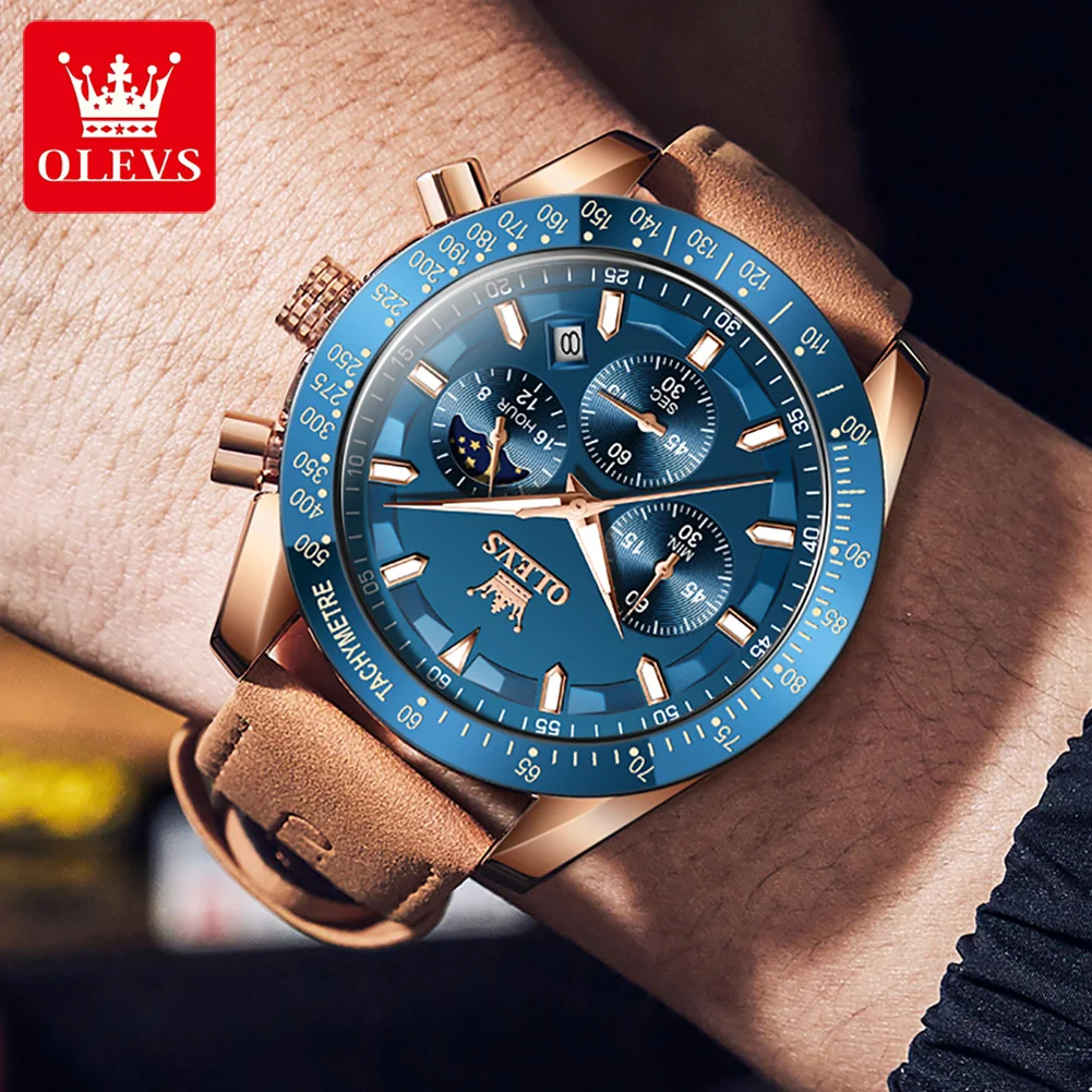 OLEVS Sports Chronograph Quartz Watch for Men Leather Waterproof Luminous Date Moon Phase Mens Watches Top Brand Luxury Clock