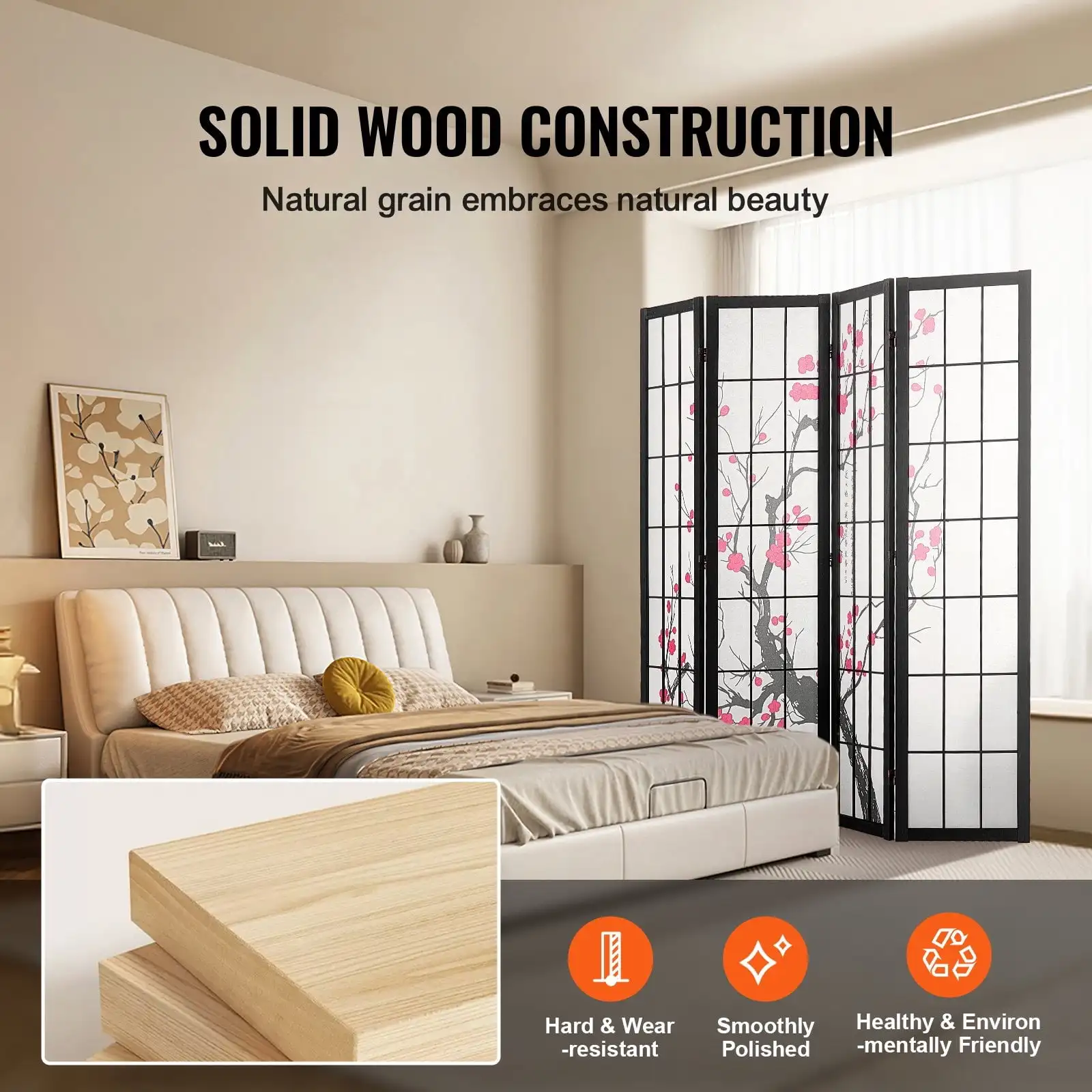 Room Divider, 4 Panel Japanese Room Divider Screen, Wood Folding Privacy Screen Indoor 3